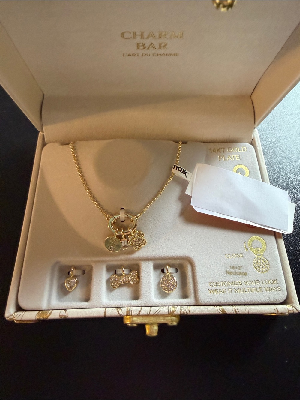 New Charmbar Gold Tone 6 Charm Necklace Link Pet Dog Paw Bone Crystal Puppy